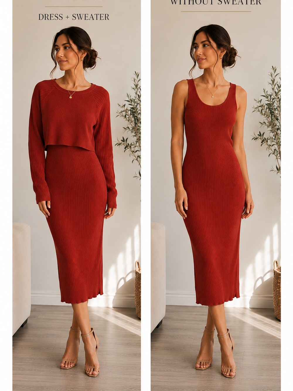 Ribbed Tank Midi Dress in Rust